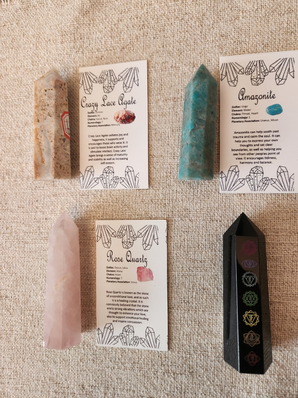 4 Crystal Tower Bundle | Obsidian Chakra, Rose Quartz, Amazonite & Crazy Lace